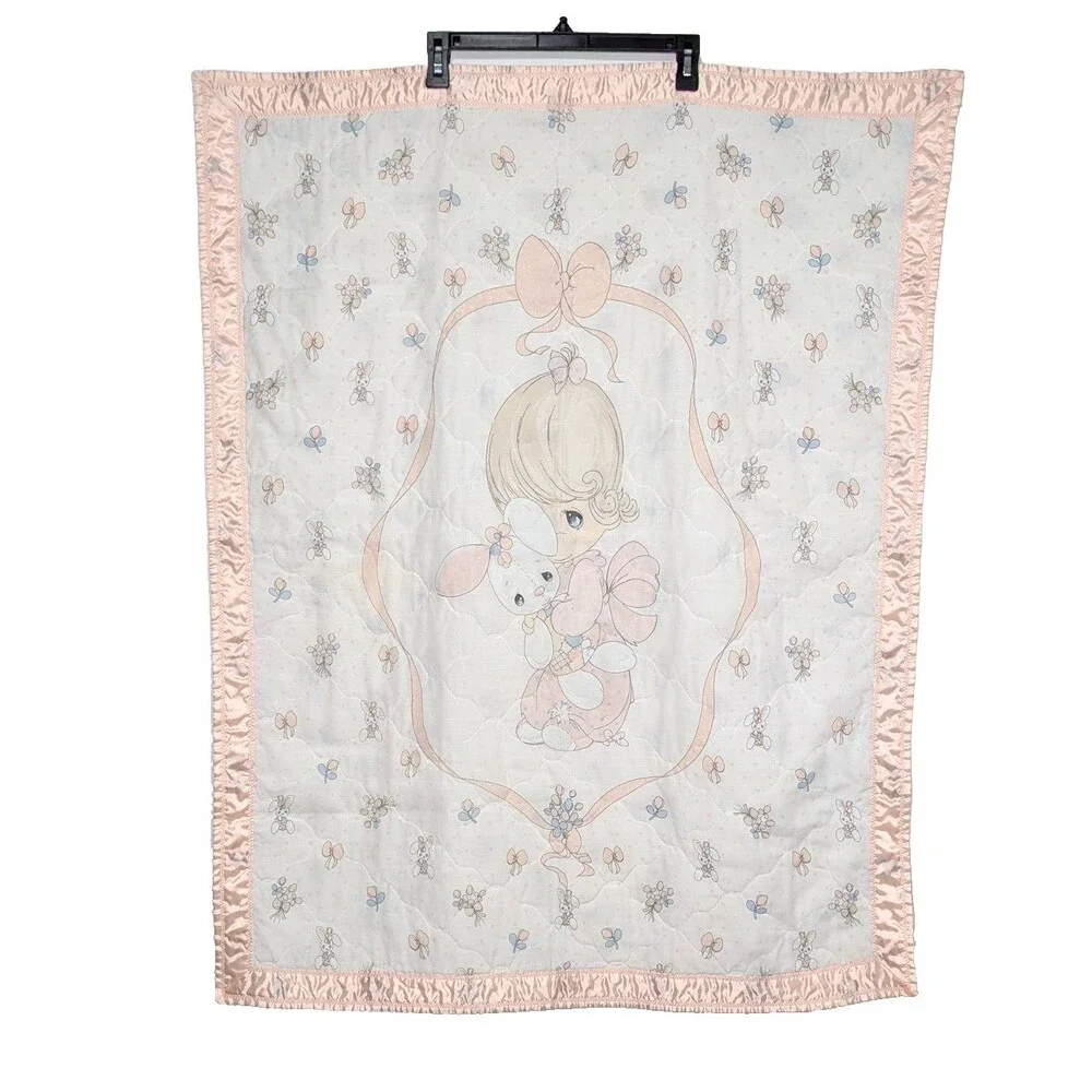 Precious Moments Handmade Baby Girl Blanket Quilt Pink Edge Vintage